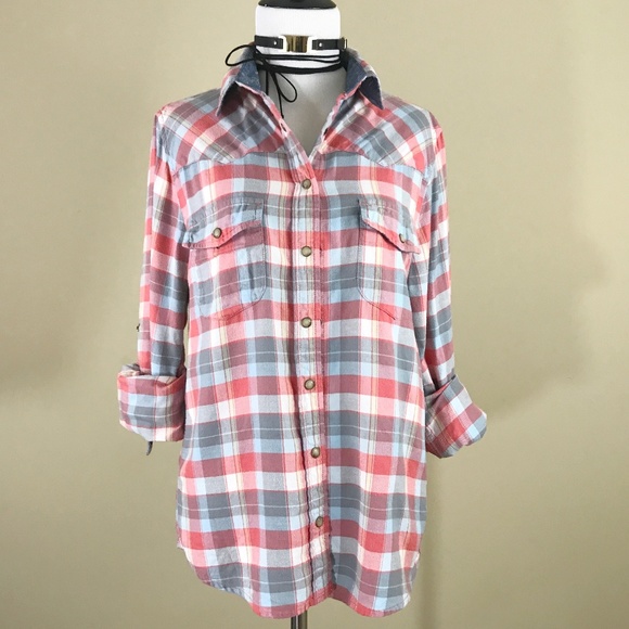 JACHS GIRLFRIEND Plaid Pink button front Flannel - Picture 1 of 8